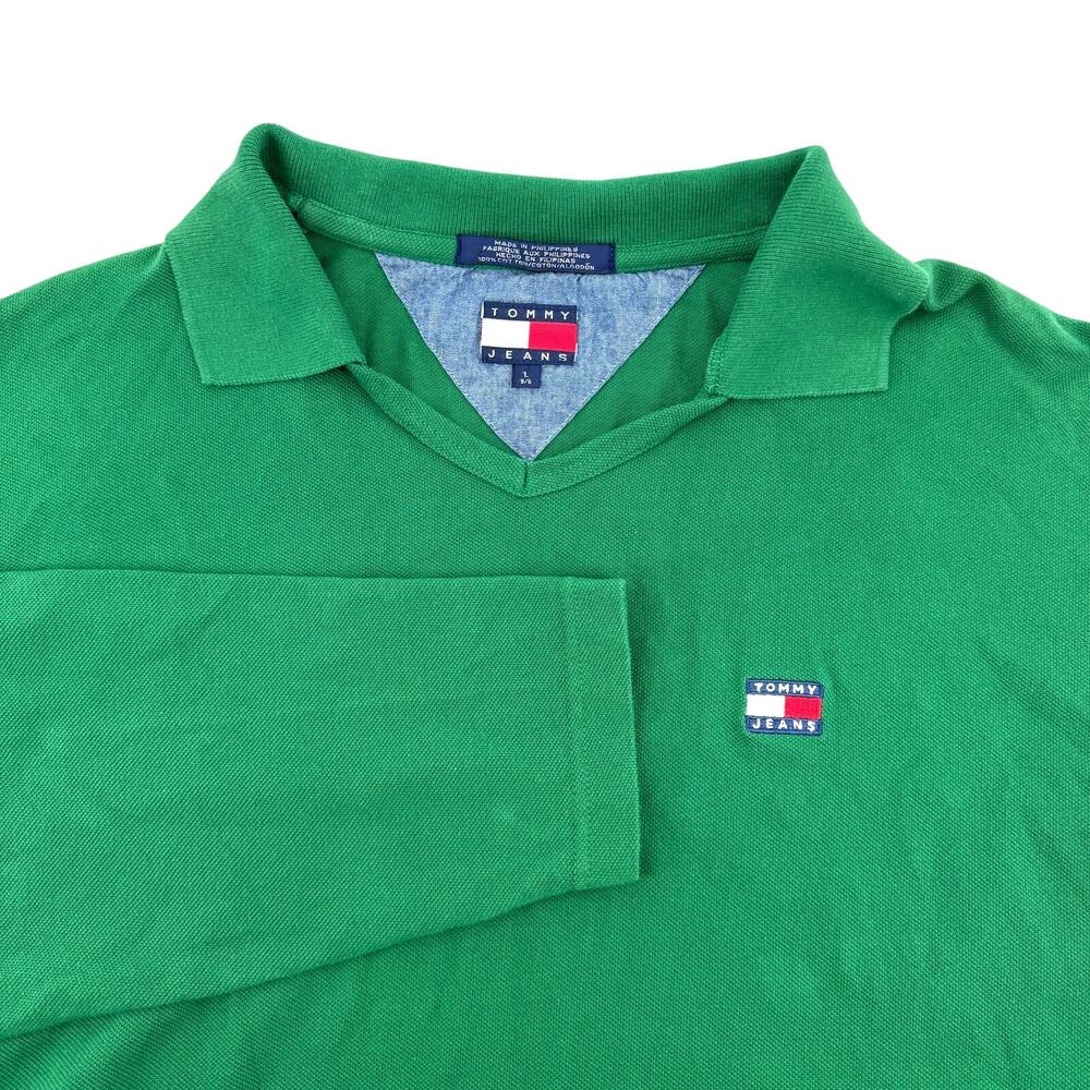 Tommy Hilfiger Men's Tommy Jeans Long Sleeve V-Neck Green Shirt y2k-Large